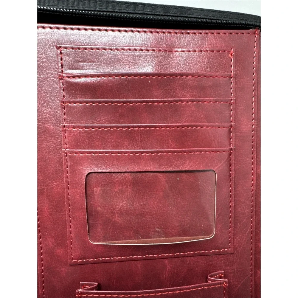 Darolin Zippered Leather Padfolio Portfolio w/Hidden Handle Maroon Faux Leather‎